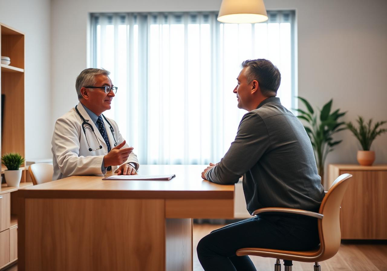 Physician consulting with a patient across a clean modern office desk