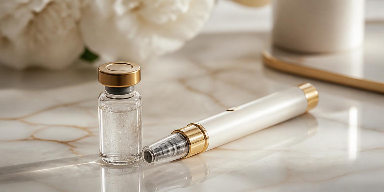 Compounded peptide vial and clinical device on marble